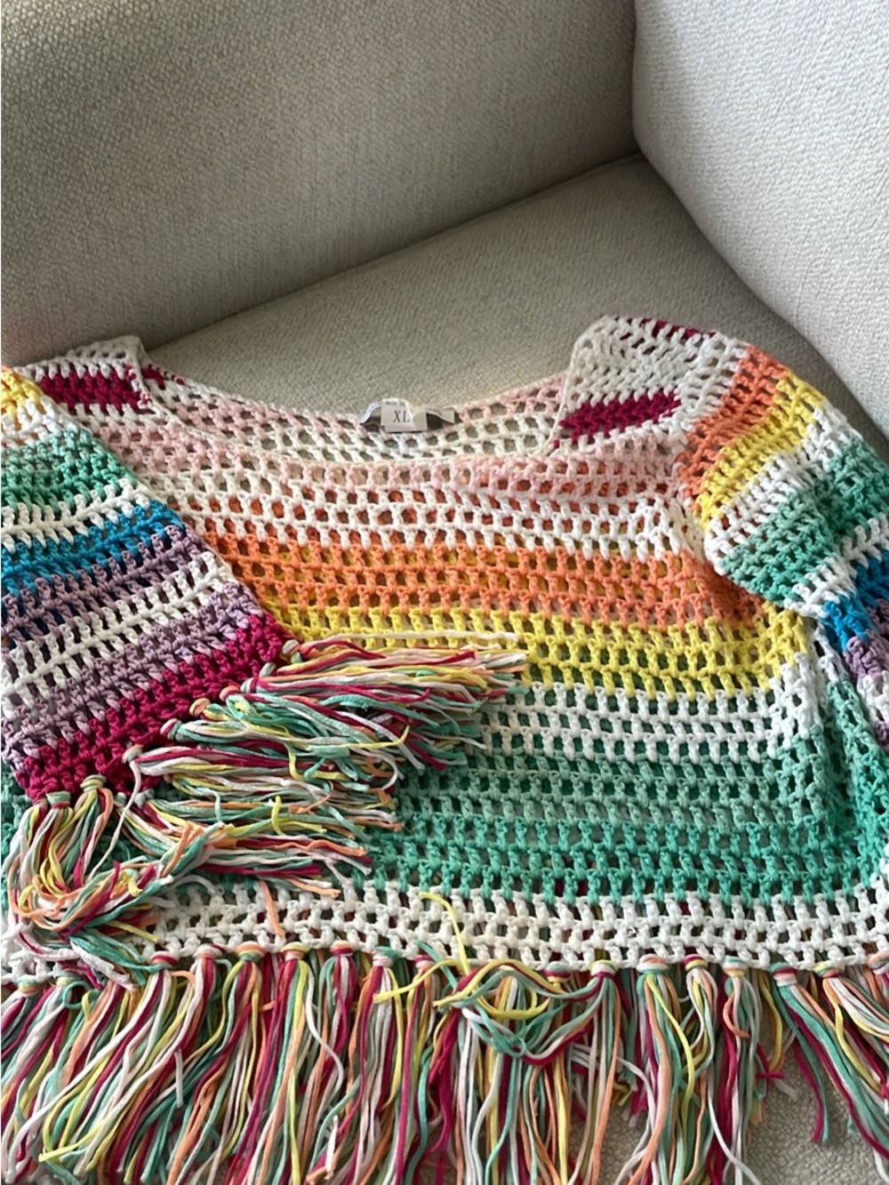 Multicolor Crochet Fringe Scoop-Neck Sweater